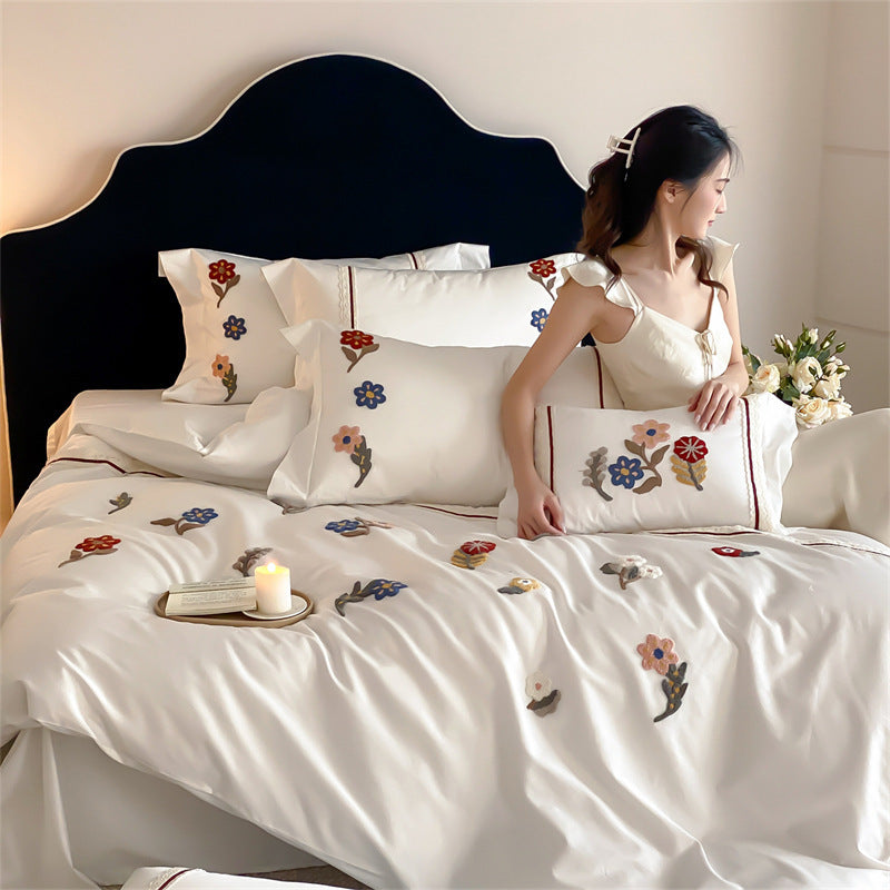 Embroidered Floral Luxury Cotton Duvet Cover Set with Decorative Pillow Shams
