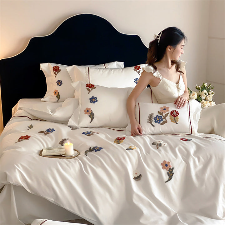 Embroidered Floral Luxury Cotton Duvet Cover Set with Decorative Pillow Shams