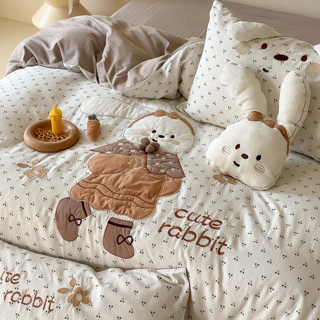 Children's Cotton Duvet Cover Set with 3D Rabbit Appliqué and Ear Pillow Shams