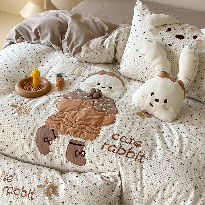 Children's Cotton Duvet Cover Set with 3D Rabbit Appliqué and Ear Pillow Shams