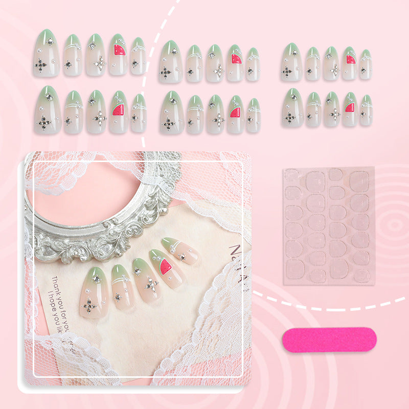 Decorative Press-On Nail Set with Fruit and Gemstone Accents