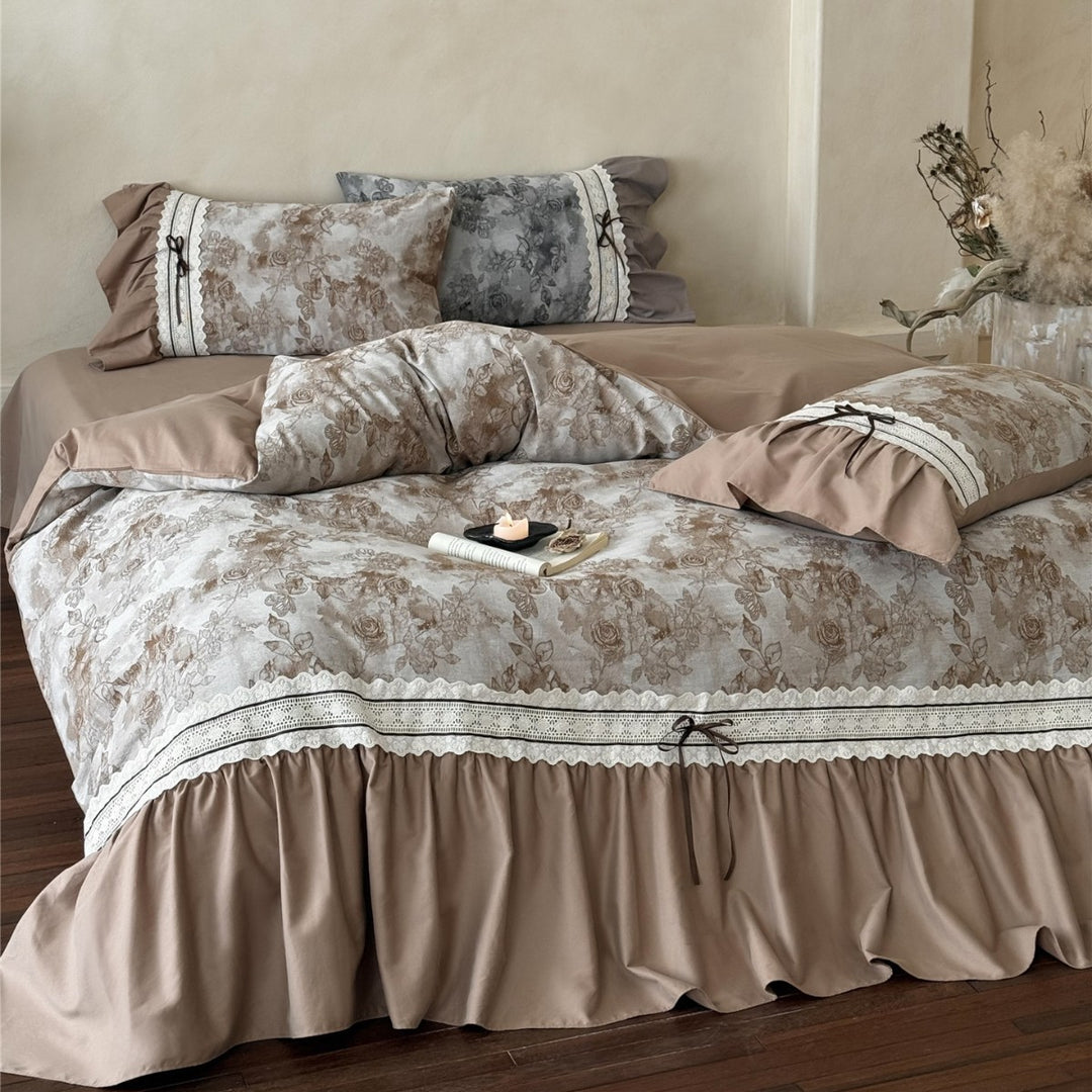Vintage Rose Ruffled Lace-Trim Cotton Duvet Cover Set with Bedskirt & Pillow Shams