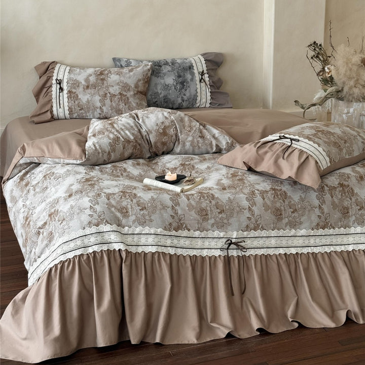 Vintage Rose Ruffled Lace-Trim Cotton Duvet Cover Set with Bedskirt & Pillow Shams