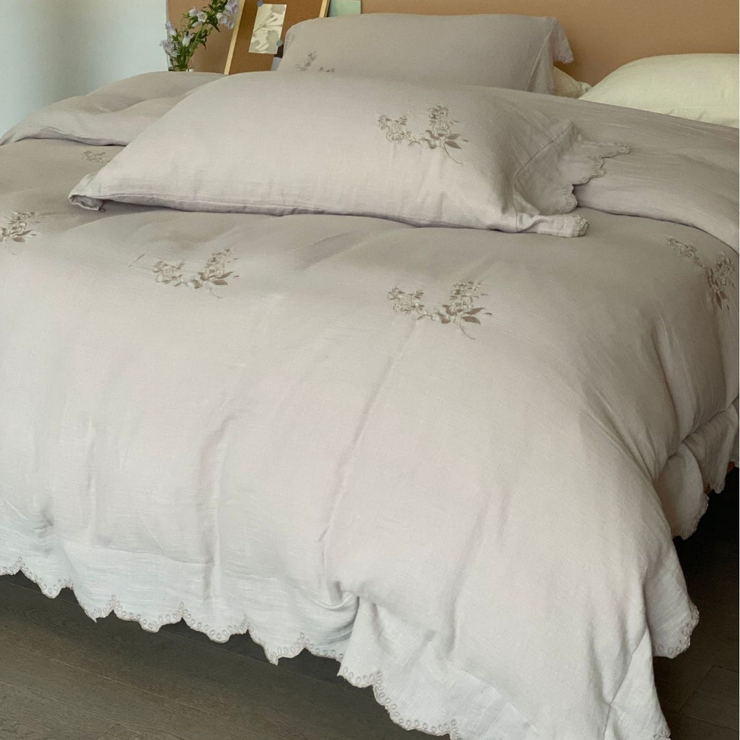 Textured Cotton-Gauze Linen-Feel Ruffled-Edge Duvet Cover Set