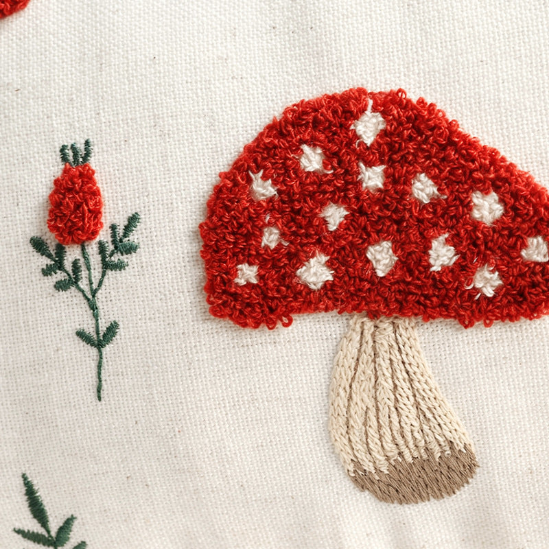 Square Embroidered Autumn Mushroom & Oak Leaf Textured Cotton-Linen Throw Pillow Cover with Hidden Zipper