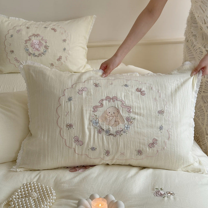 Embroidered cotton-linen pillowcase set with lace trim and bunny motif