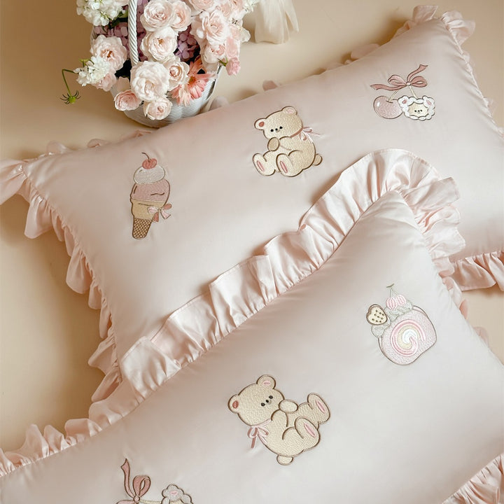 Ruffled Embroidered Duvet Cover Set with Cartoon Bear & Dessert Motifs