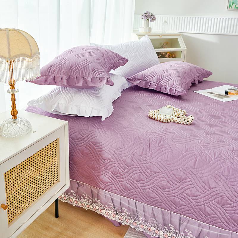 Quilted Ruffled Bedspread Set with Floral Embroidered Skirt and Pillow Shams