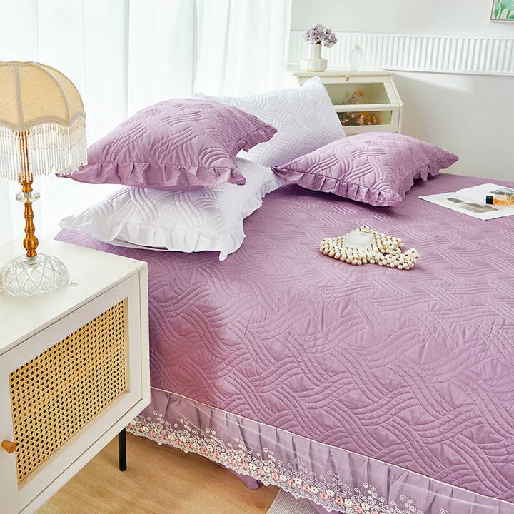 Quilted Ruffled Bedspread Set with Floral Embroidered Skirt and Pillow Shams