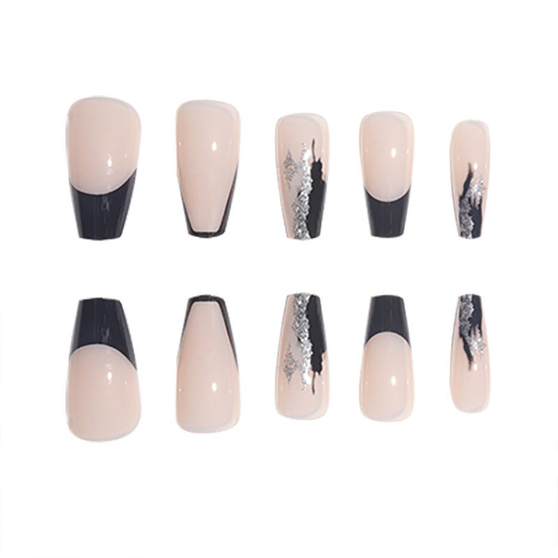 Elegant Stiletto Press-On Nails with Artistic Black Tips and Silver Accents Stornfield