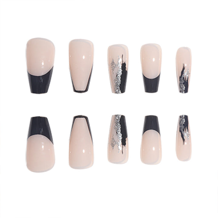 Elegant Stiletto Press-On Nails with Artistic Black Tips and Silver Accents Stornfield