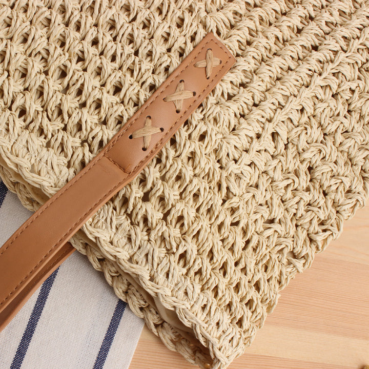 Natural bast shoulder bag with leather handles Stornfield