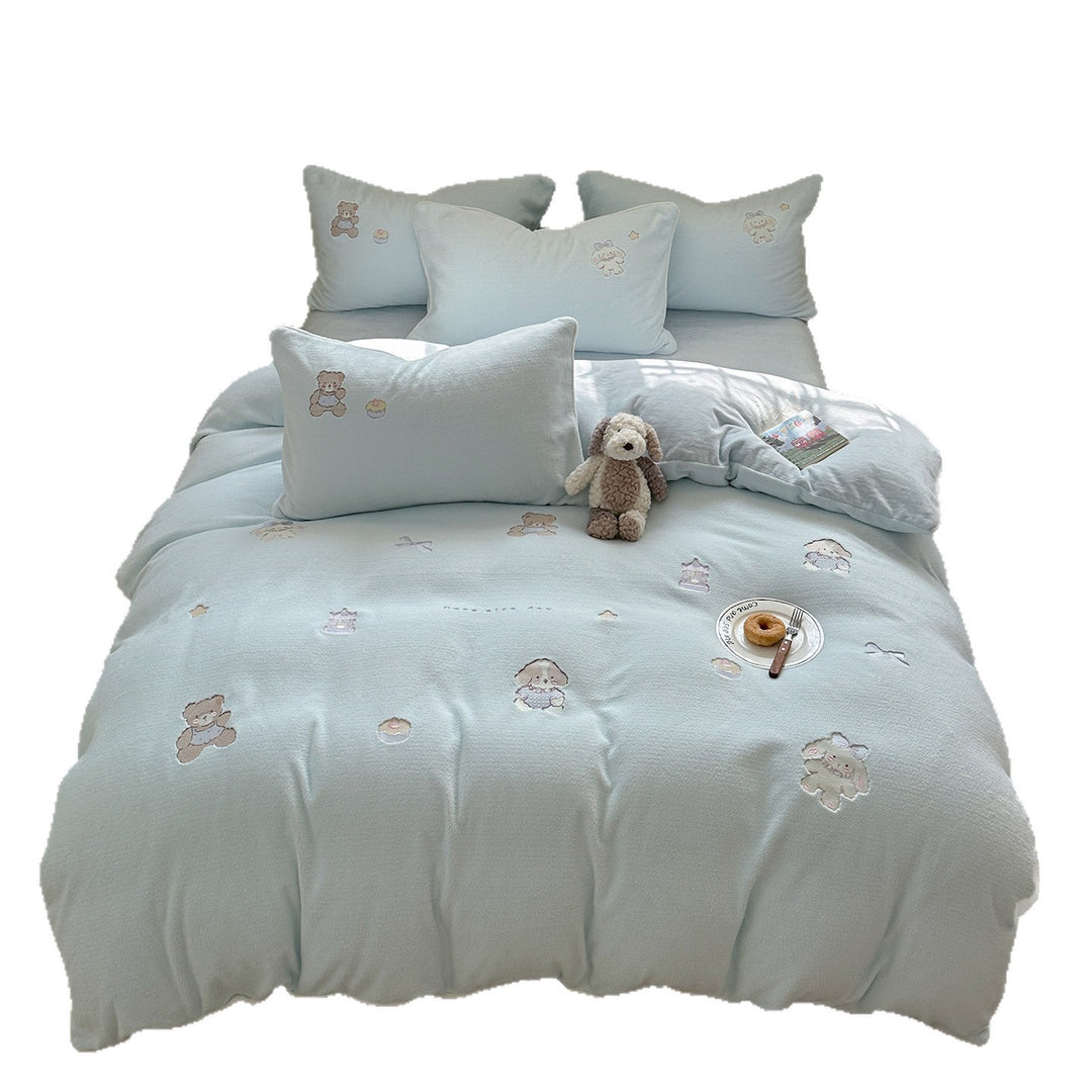 Plush Embroidered Teddy Fleece Duvet Comforter Set with Pillow Shams