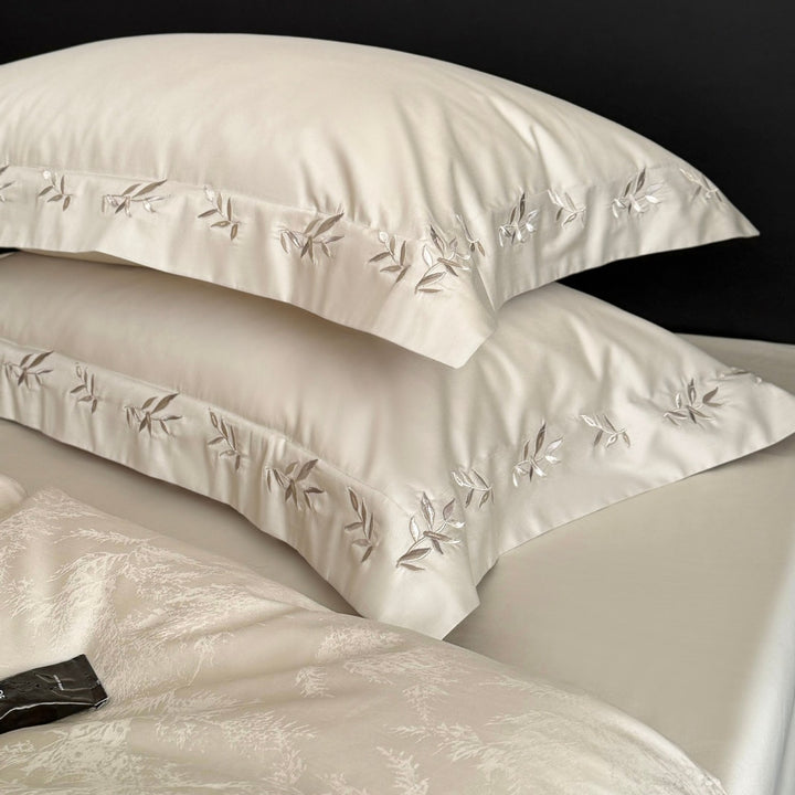 Embroidered Satin-Jacquard Duvet Cover Set with Leaf-Edge Pillow Shams