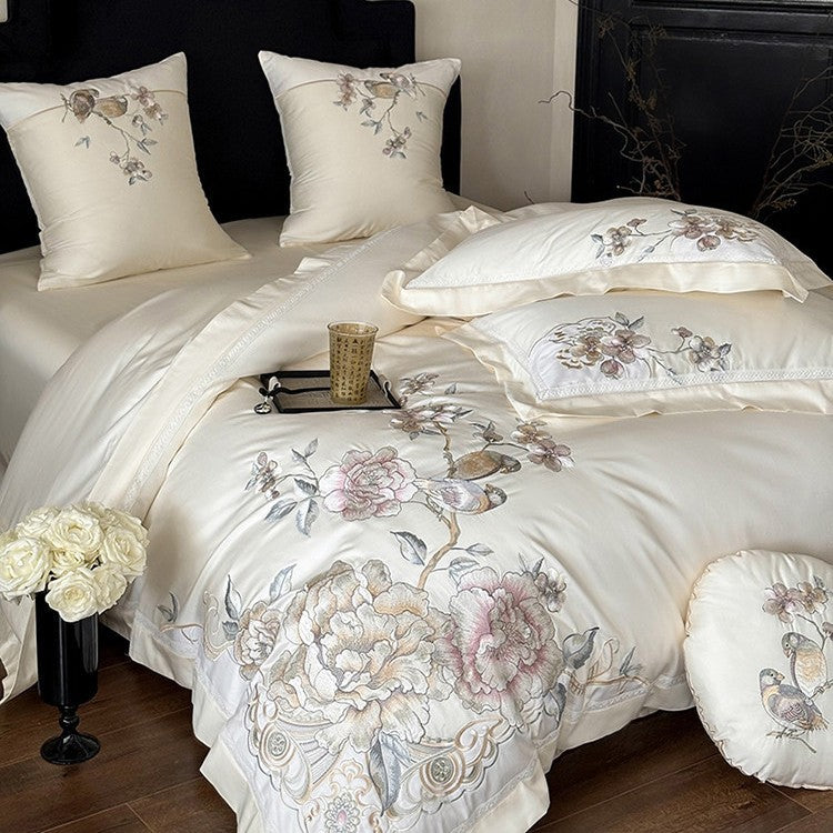 Embroidered Floral & Songbird Luxury Cotton Duvet Cover Set with Decorative Round Cushion