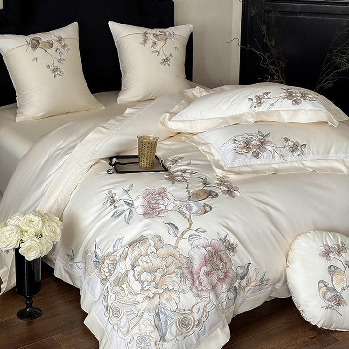 Embroidered Floral & Songbird Luxury Cotton Duvet Cover Set with Decorative Round Cushion