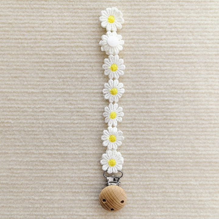 Floral Crochet Pacifier Holder with Wooden Safety Clip