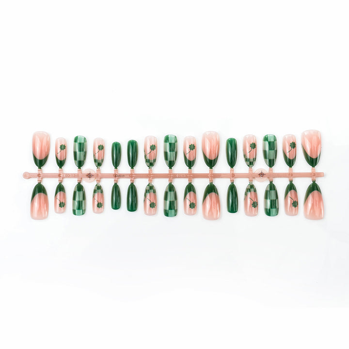 Themed Press-On Nail Art Set with Clover and Plaid Design