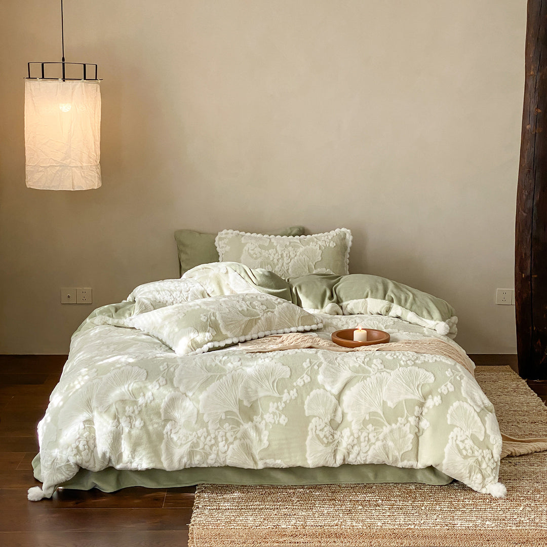 Cozy microfiber bedding set with jacquard floral relief and pompom edge