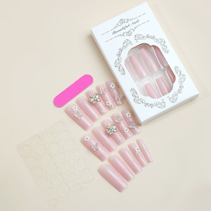 Acrylic Nail Set with Elegant 3D Flowers and Glitter Details Stornfield