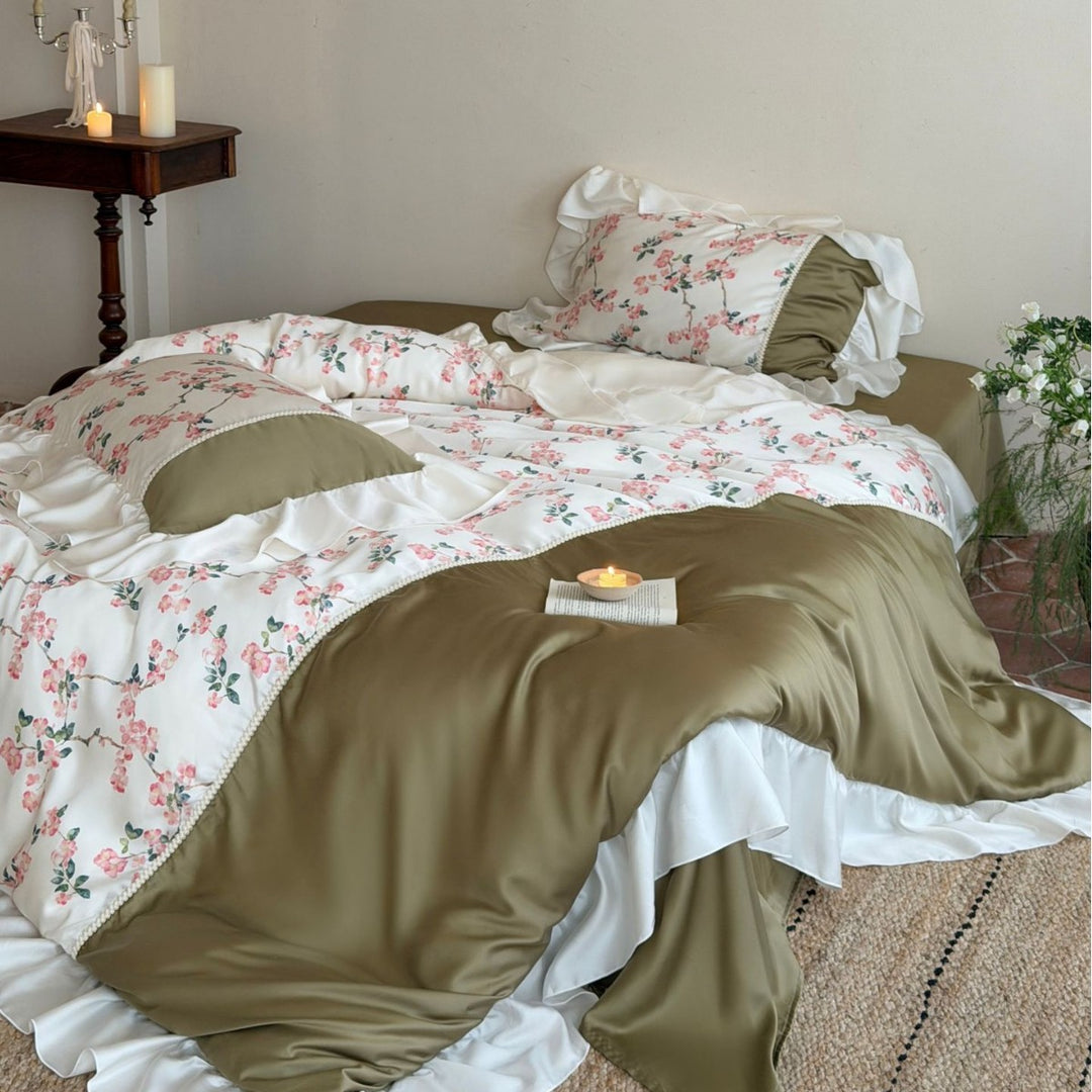 Reversible Botanical Blossom Duvet Cover with Satin Ruffle Pillow Sham Set