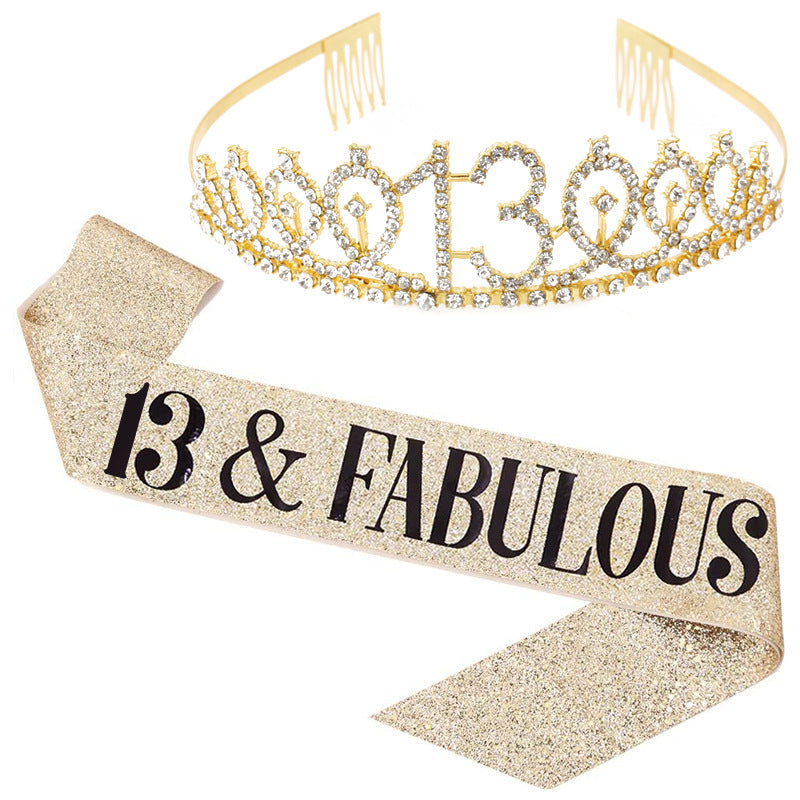 Girl Glittering Birthday Crown and Sash Set Stornfield