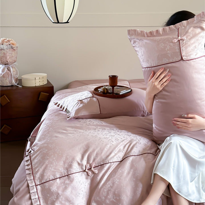 Silk-Blend Floral Jacquard Duvet Cover Set with Ruffle Trim
