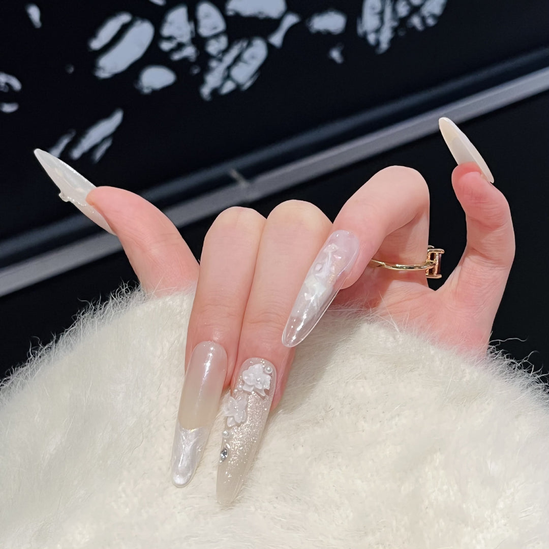 Artistic Long Press-On Nail Set with Elegant Floral Design Stornfield