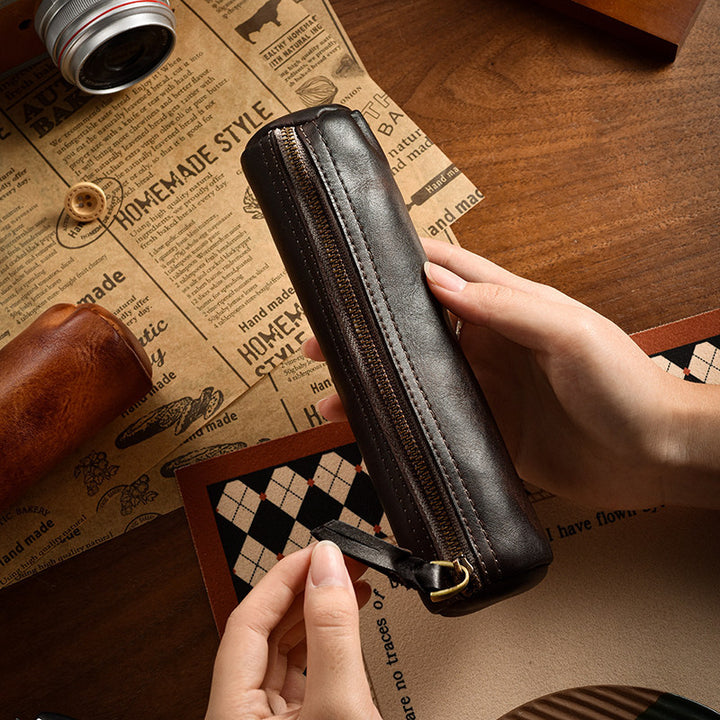 Vintage Leather Zip Pencil Case