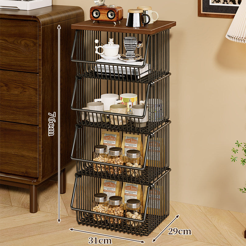 Mobile Four-Tier Kitchen Pantry Organizer Cart with Wood Top and Rolling Wire Baskets