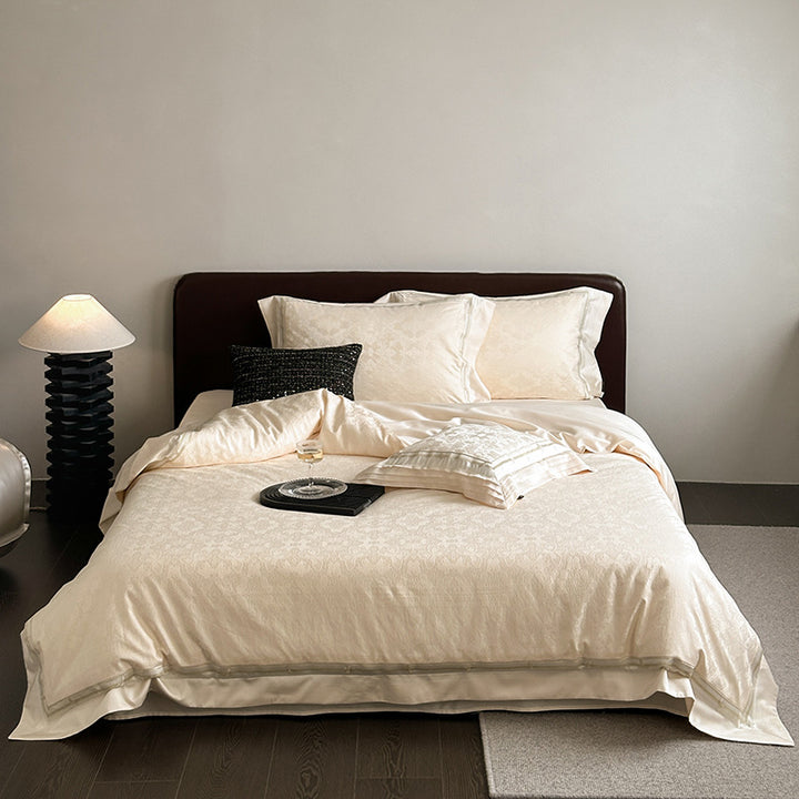 Jacquard Damask Duvet Cover Set with Sateen Backing Satin Border and Concealed Closure