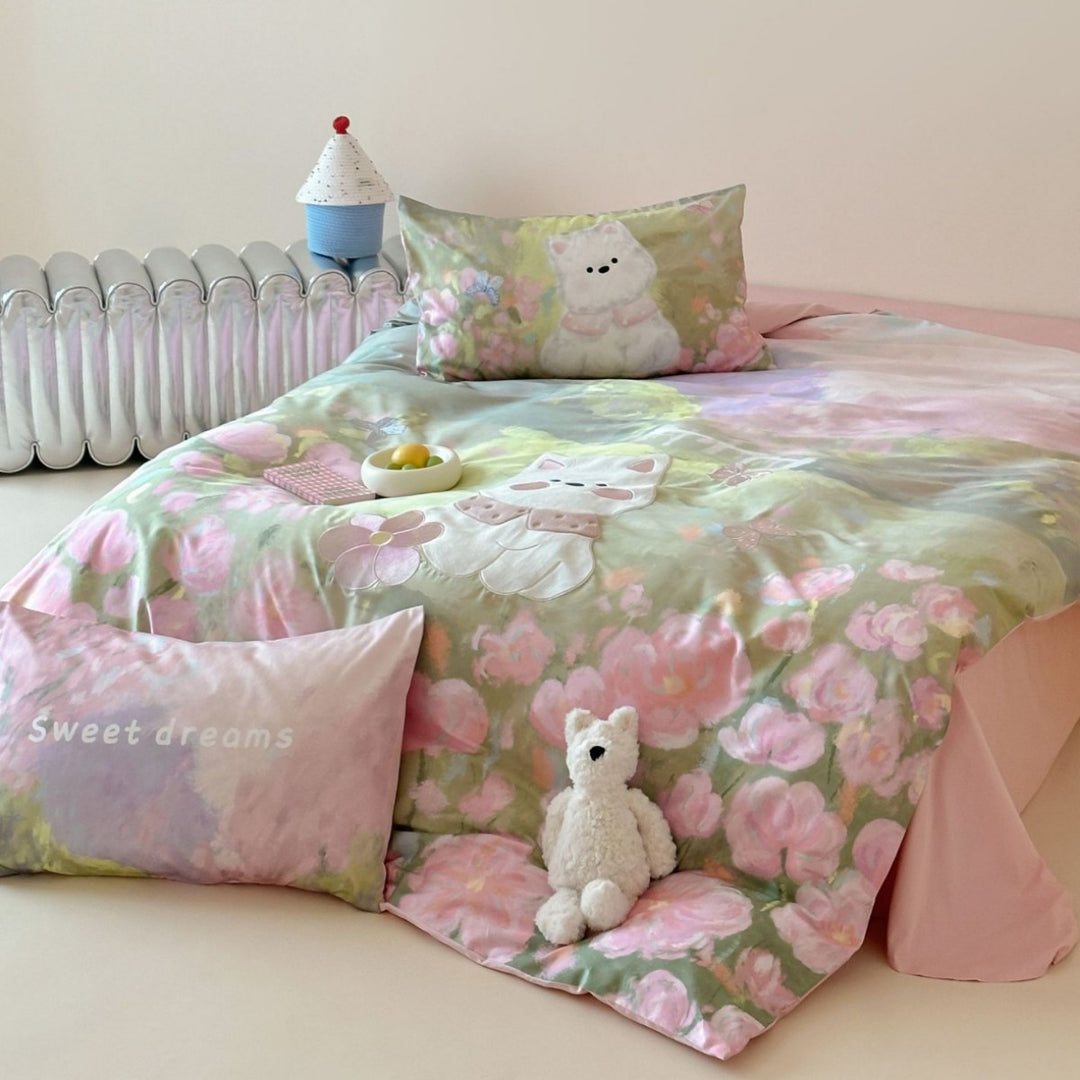 Floral Watercolor Cat Appliqué Duvet Cover Bedding Set with Reversible Pillowcases