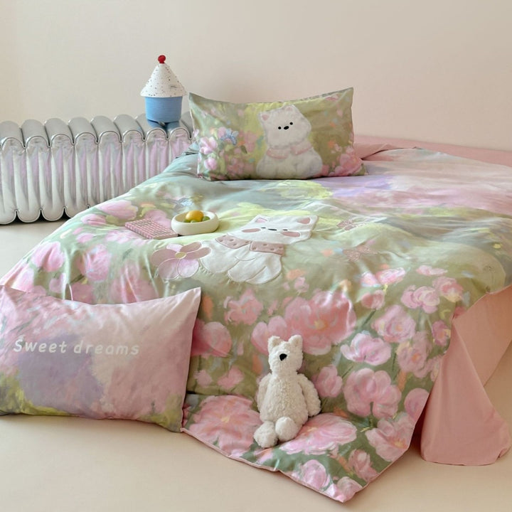 Floral Watercolor Cat Appliqué Duvet Cover Bedding Set with Reversible Pillowcases