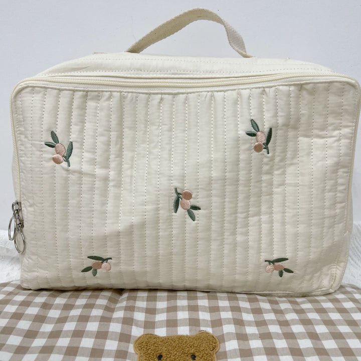 Quilted Portable Baby Mattress Carry Case with Handle and Embroidered Fruit Motif