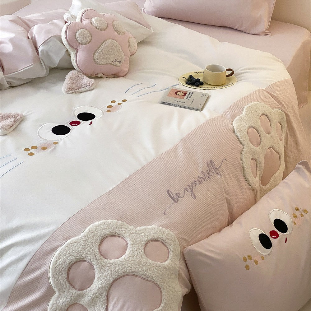 Whimsical Cat-Face Duvet Cover Set with Paw-Shaped Plush Accent Pillow