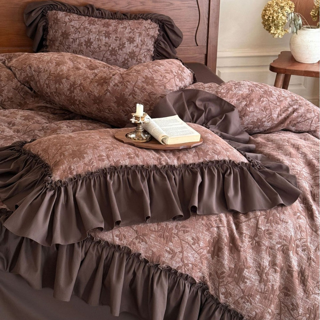 Floral Jacquard Ruffled Duvet Cover Set with Tailored Ruffle Hem