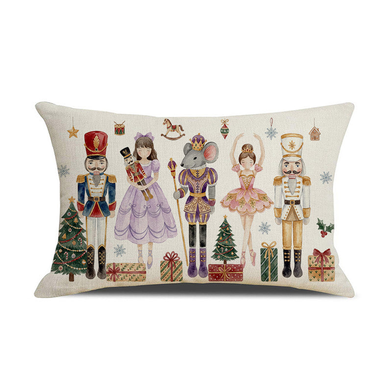 Decorative Rectangular Linen Cushion Cover with Nutcracker Ballet Christmas Print