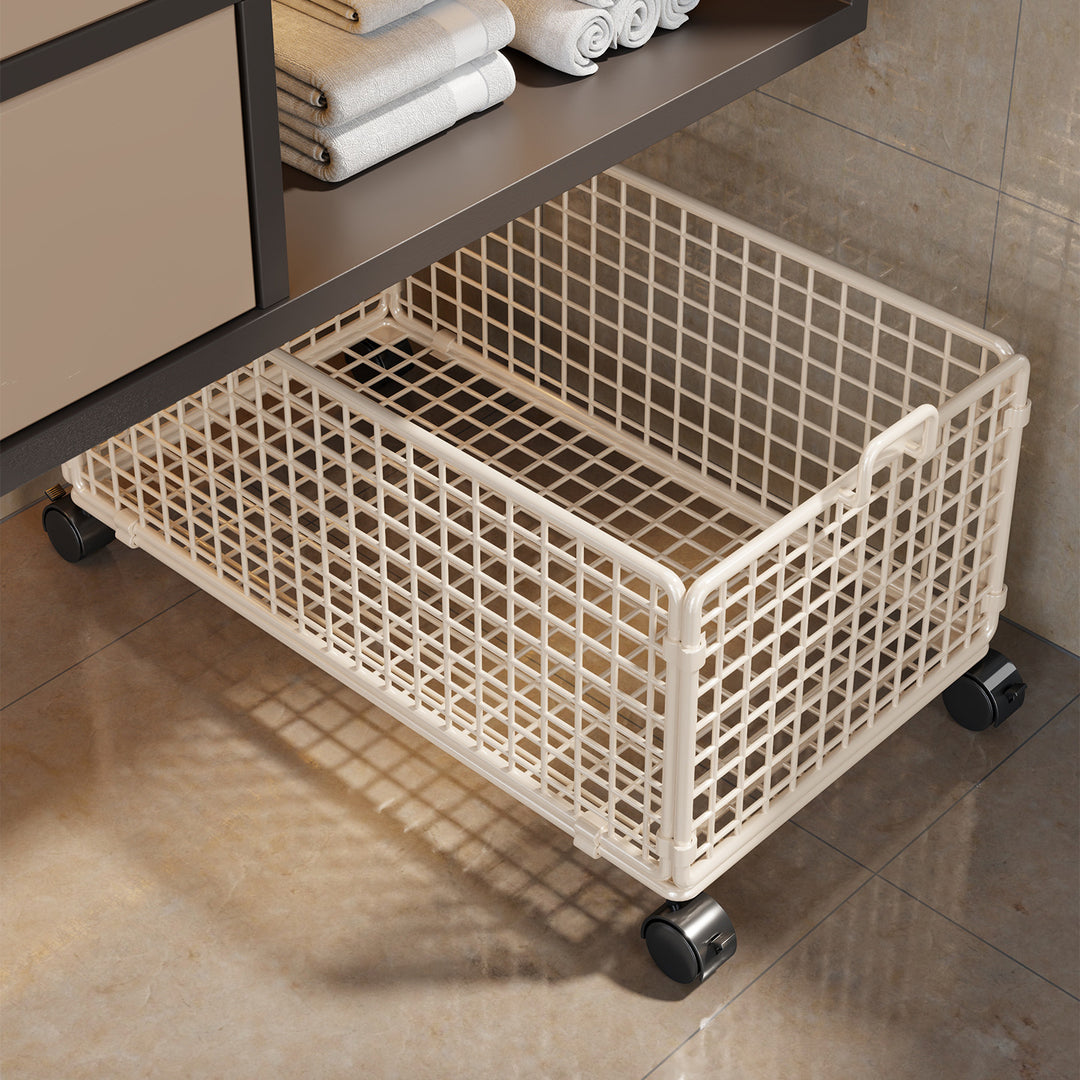 Under-Cabinet Low-Profile Rolling Mesh Storage Crate with Four Swivel Locking Casters