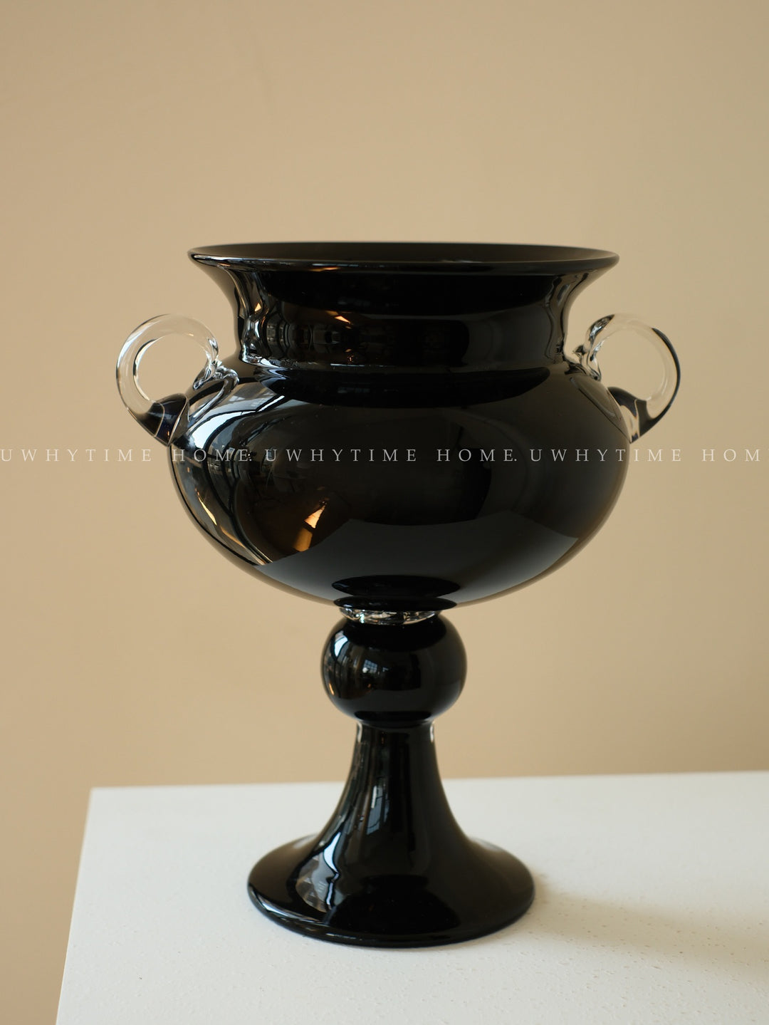 Handblown Footed Pedestal Glass Urn Vase with Applied Loop Handles Stornfield