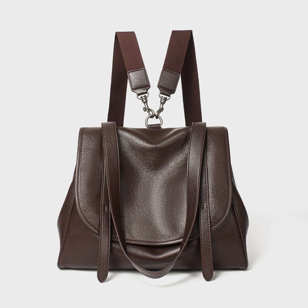Convertible Smooth Leather Flap Tote Backpack with Detachable Webbing Straps