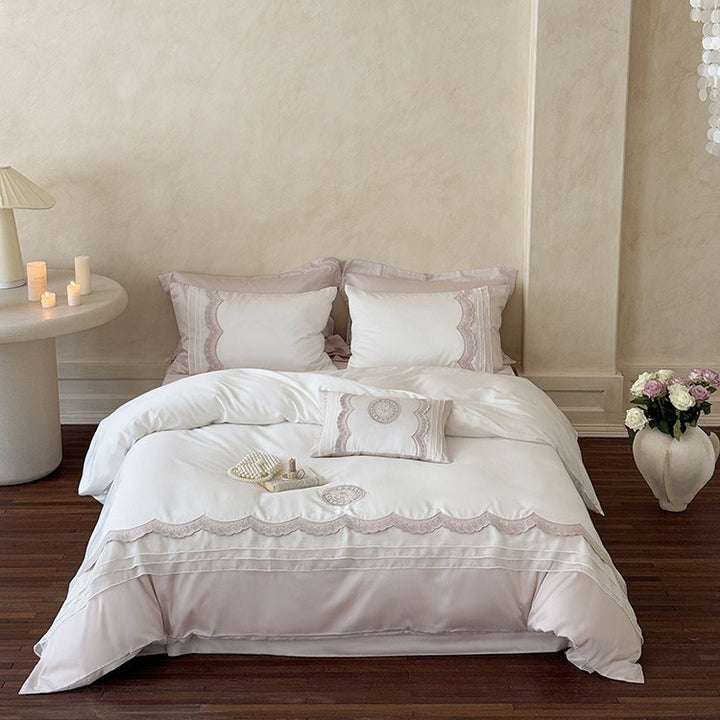 Luxurious cotton satin bedding set with embroidery and lace trim