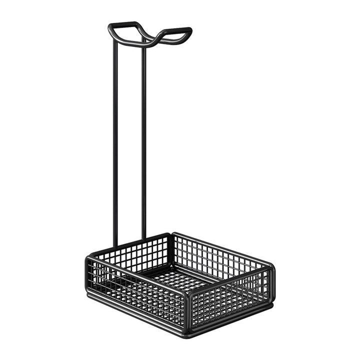 Overhead Headphone Stand with Integrated Wire Mesh Storage Tray and Vertical Metal Support