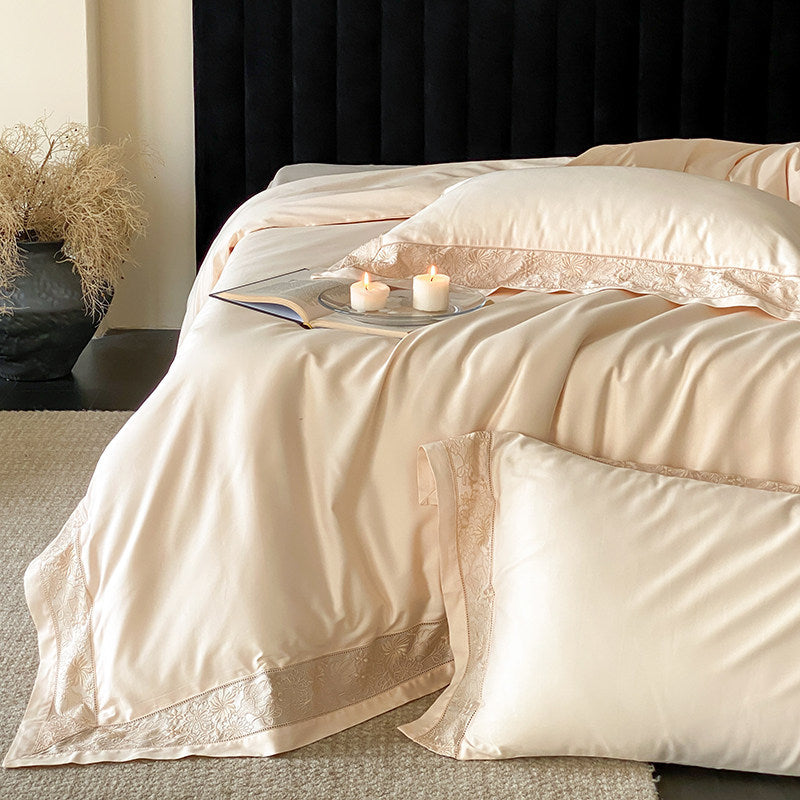 Luxury Cotton-Sateen Duvet Cover Set with Lace-Trim Hem & Decorative Pillow Shams
