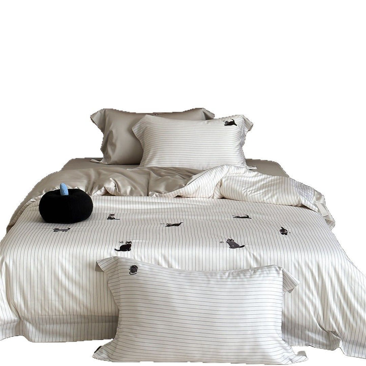 Cotton Sateen Striped Duvet Cover Set with Playful Cat Embroidery & Reversible Shams