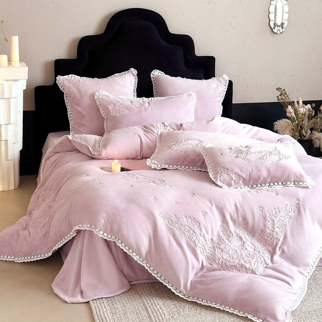 Plush Velvet-Texture Embroidered Duvet Cover & Sham Set