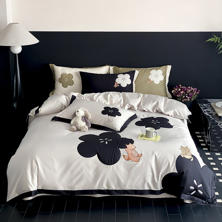 Floral Appliqué Cotton-Sateen Duvet Cover Set with Decorative Pillow Shams