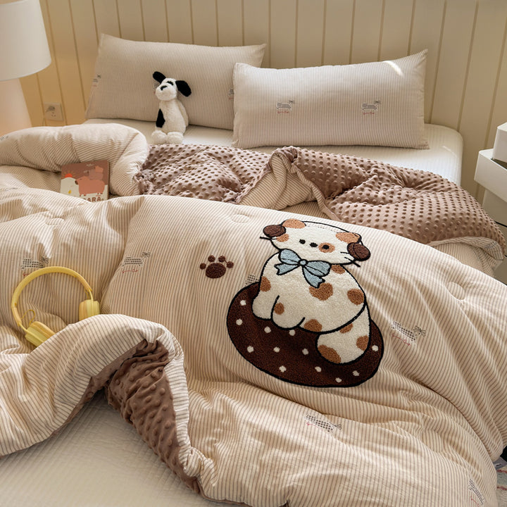 Plush Reversible Duvet Cover Set with Embroidered Rabbit Applique