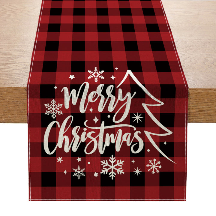 Buffalo-Edge Cotton-Linen Christmas Table Runner with Merry Christmas Tree Art
