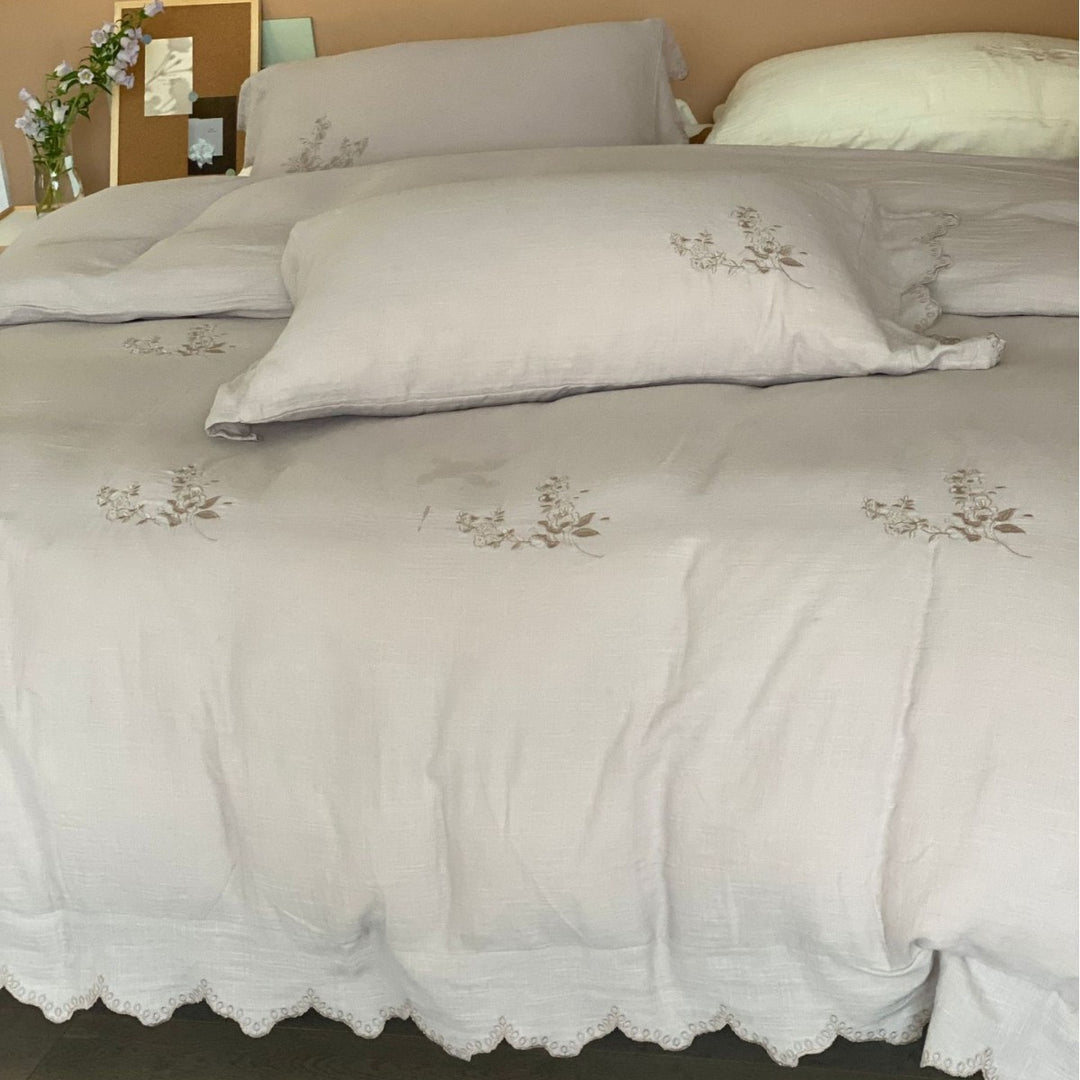 Textured Cotton-Gauze Linen-Feel Ruffled-Edge Duvet Cover Set