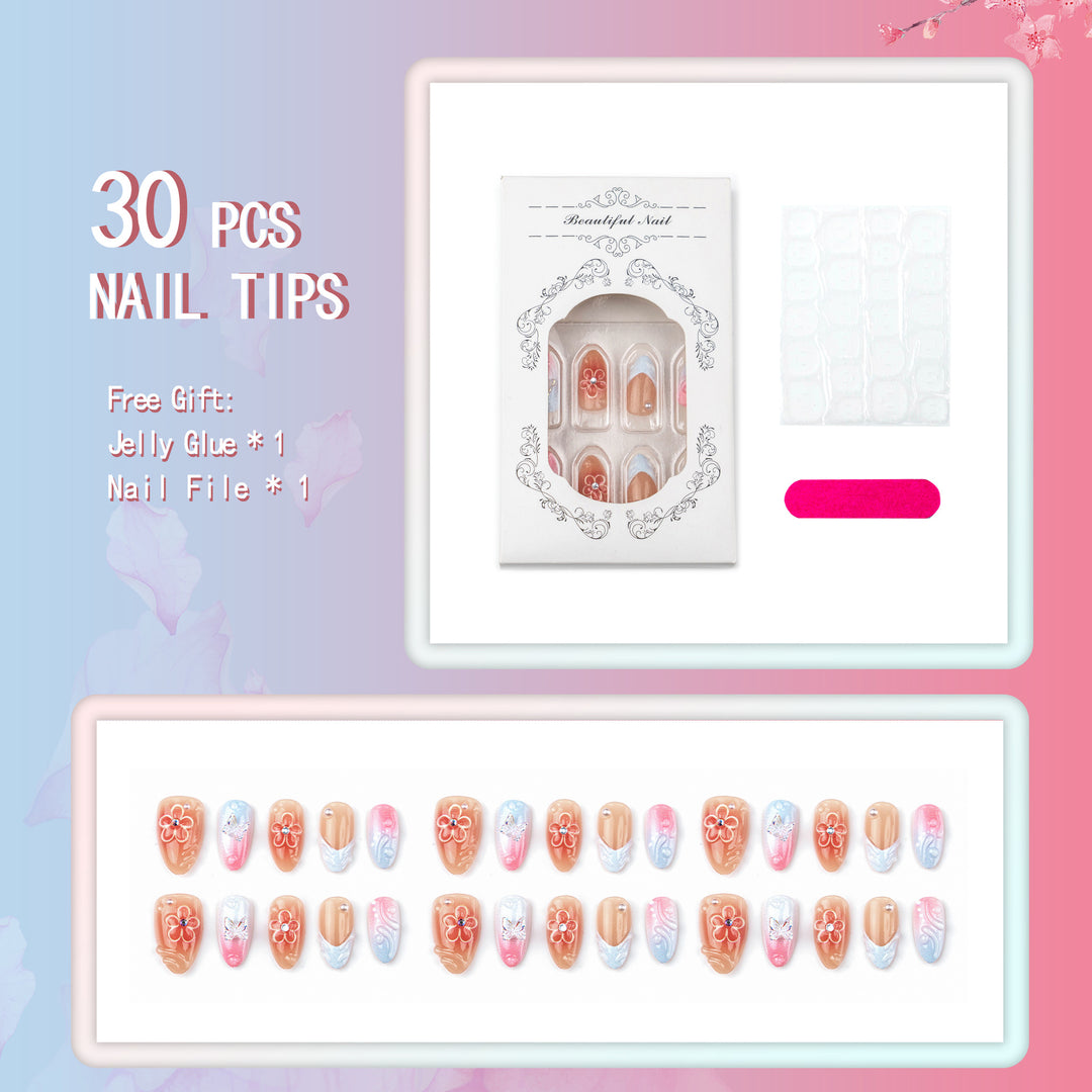 Handmade Press-On Nail Set with Floral and Butterfly Designs